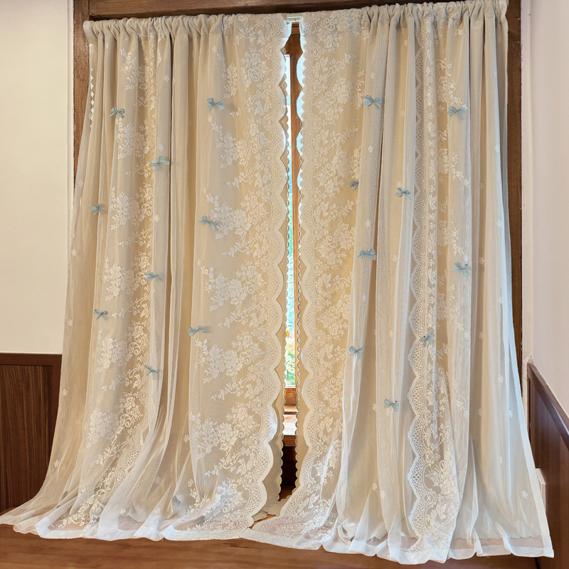 Dopamine French Blackout Curtains for Small Windows, Pastoral Style Lace Double-Layer Sheer, No-Drill Bedroom Bay Window Door Curtain
