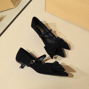 2388-H106 European and American style fashionable Xishi velvet pointed toe shallow mouth large bow straight buckle strap