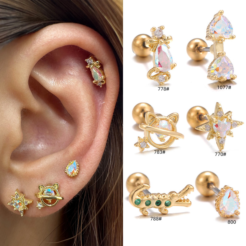 Cross-border hot sale colorful AB Zircon stud earrings fashion new geometric stainless steel thin rod piercing ear bone stud earrings