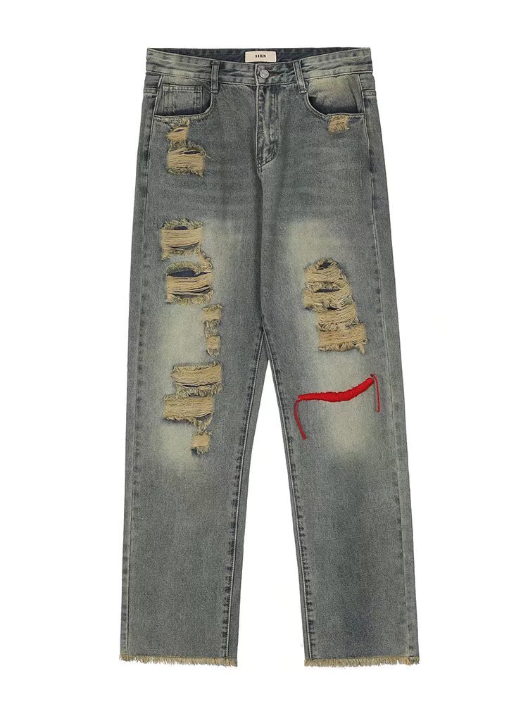 High Washed Vintage American Street Style Distressed Jeans Straight Trendy Unisex_viptrois.com