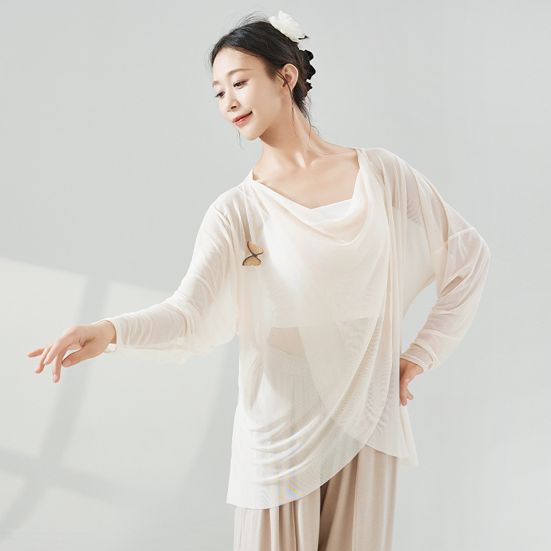 Dance Clothing for Women New Classical White Elegant Loose Mesh Body Practice Chinese Long-Sleeved Adult Dance Top