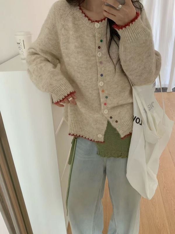 韩版彩扣撞色软糯百搭针织长袖开衫女秋冬新款宽松显瘦圆领毛衣潮|undefined