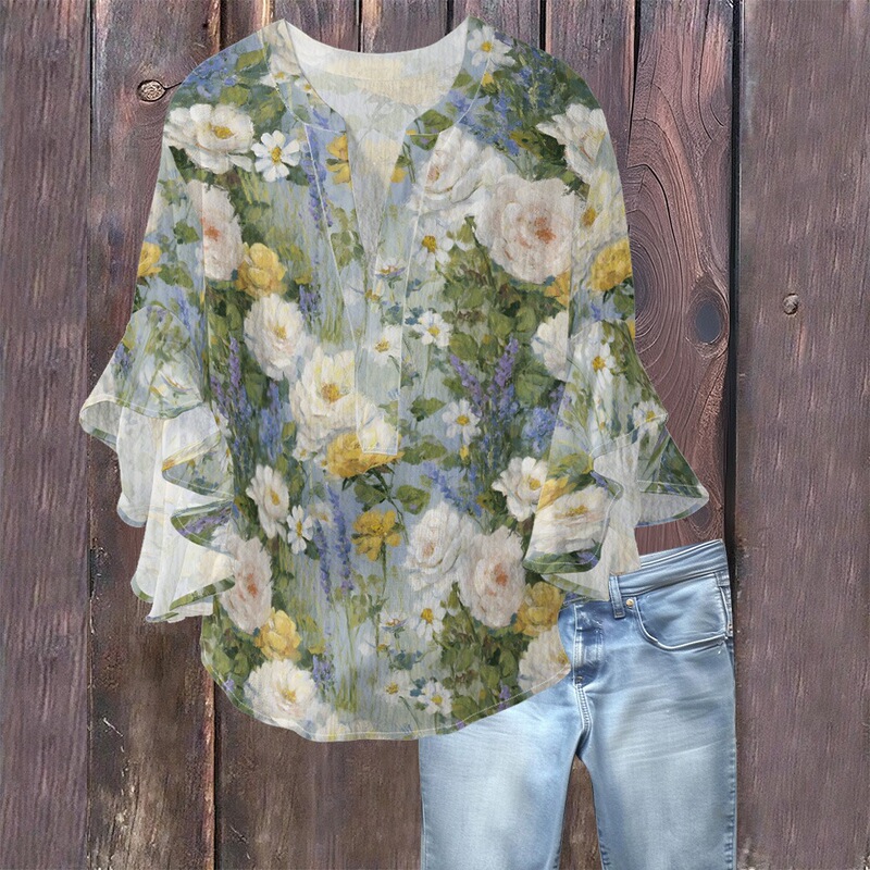 3D New Cross-Border Creative Floral Element Print Digital Print Casual Trendy V-Neck Ruffled Edge T-Shirt for Women