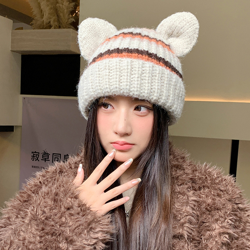美式甜酷加厚条纹针织帽秋冬保暖猪耳朵毛线帽休闲百搭防风套头帽|undefined