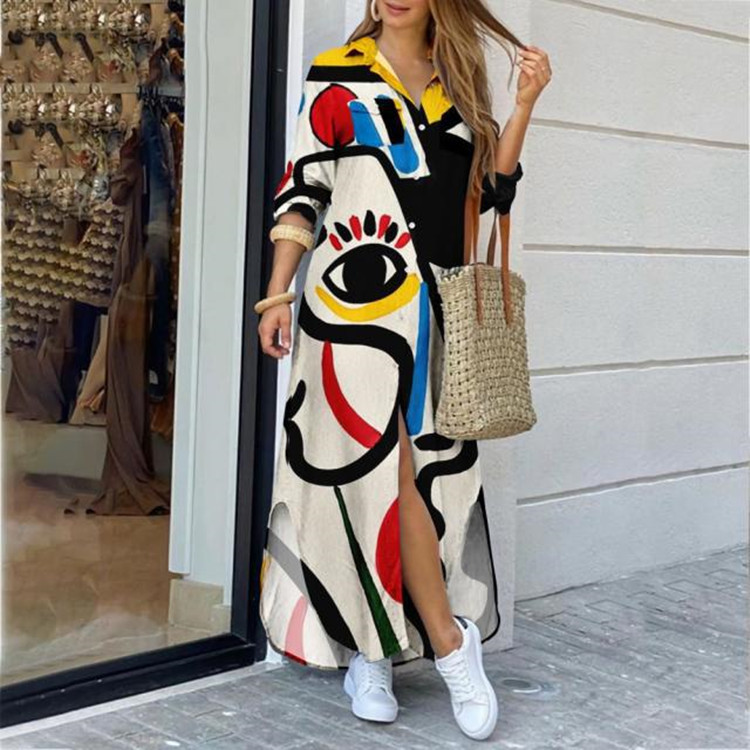 Women's A-line Skirt Casual Shirt Collar Long Sleeve Color Block Maxi Long Dress Daily Street display picture 4