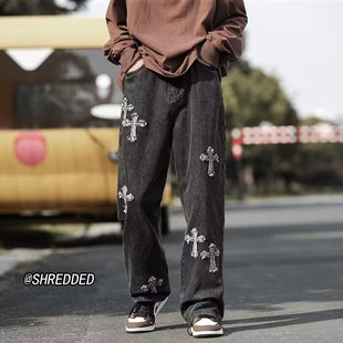 2025 Four Seasons New plus size Beautiful Trendy Cross Labeling Men's Jeans Straight Tube Design Sense Loose Long Pants
