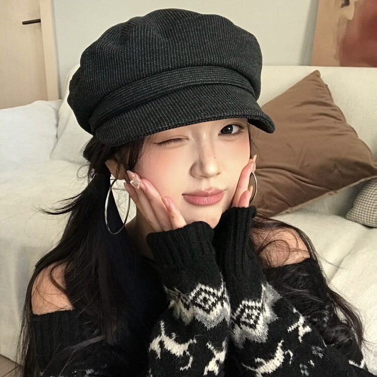 秋日氛围感日系细条纹平顶贝雷帽女2025新款秋冬百搭八角报童帽子|undefined