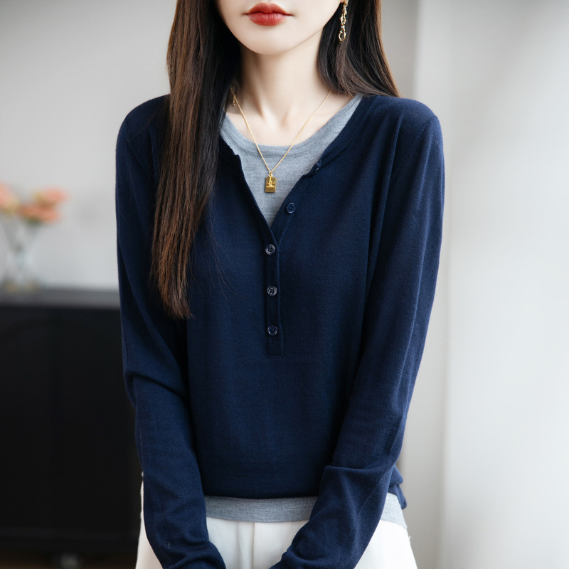 秋冬新款假两件撞色毛衣女韩版减龄内搭上衣简约百搭打底针织衫女|undefined