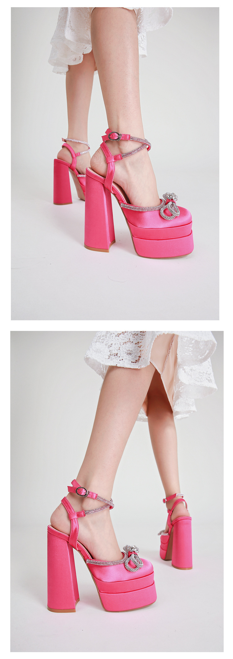 Giày sandal cao gót nữ đính đá dây đeo mắt cá chân, đế chống thấm nước, gót 9 cm — Màu đen chi tiết 7