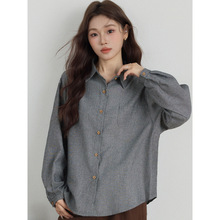 日系文艺女装复古条纹衬衫女宽松磨毛POLO领内穿百搭上衣气质衬衣