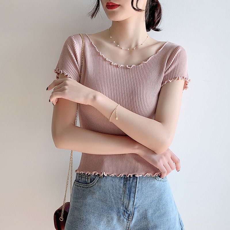 Verano camiseta de hielo de manga corta de punto de tela delgada de la mujer de cintura alta cintura corta ombligo de la clavícula delgada