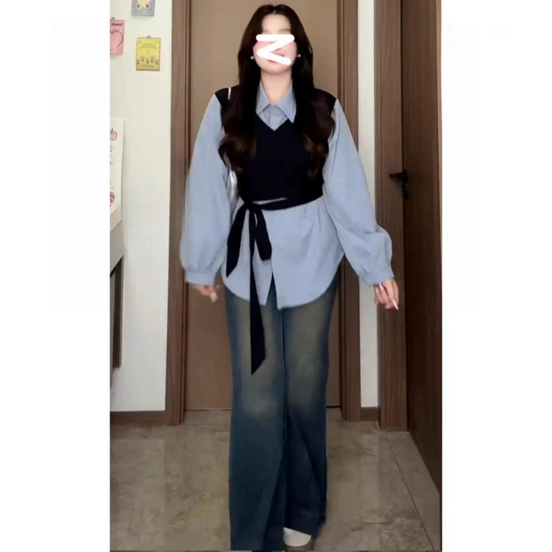 Большой размер женщины толстый мм ленивый ветер накладные две штучки жилет рубашка 2024 осень новая мода тощий топ