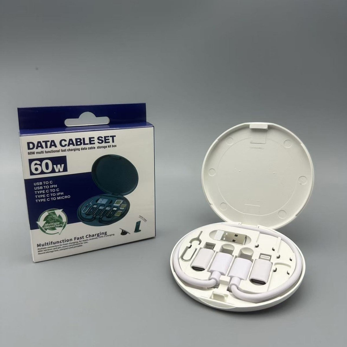 Caja de almacenamiento de cable de datos multifuncional portátil, cable de datos, carga rápida de 60W, fruta plana. Android. USB. Cinco en uno