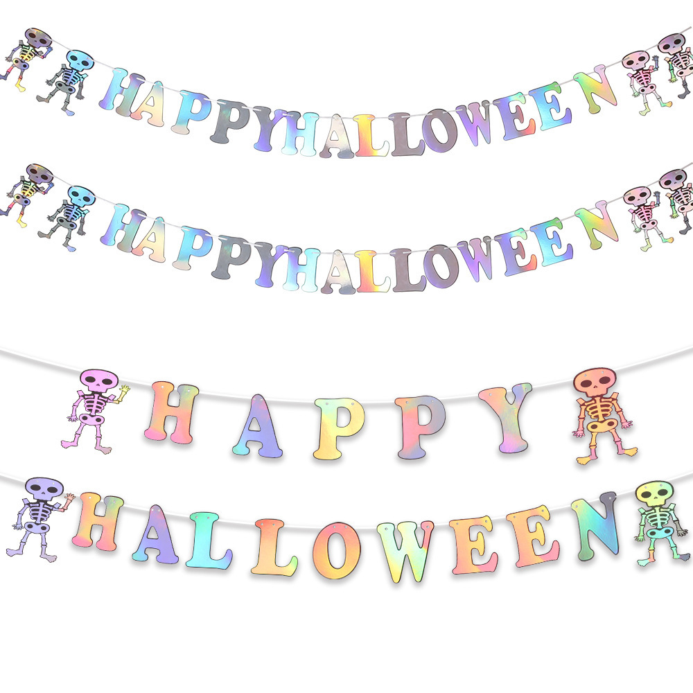 Bandera de halloween, bandera de calavera láser, banderas de colores, decoraciones de fiesta de Halloween, letras coloridas, colgantes de papel