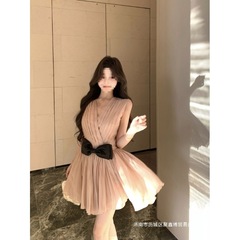 蝴蝶结交叉v领无袖背心连衣裙女夏季显瘦高腰裙子小众气质a字短裙