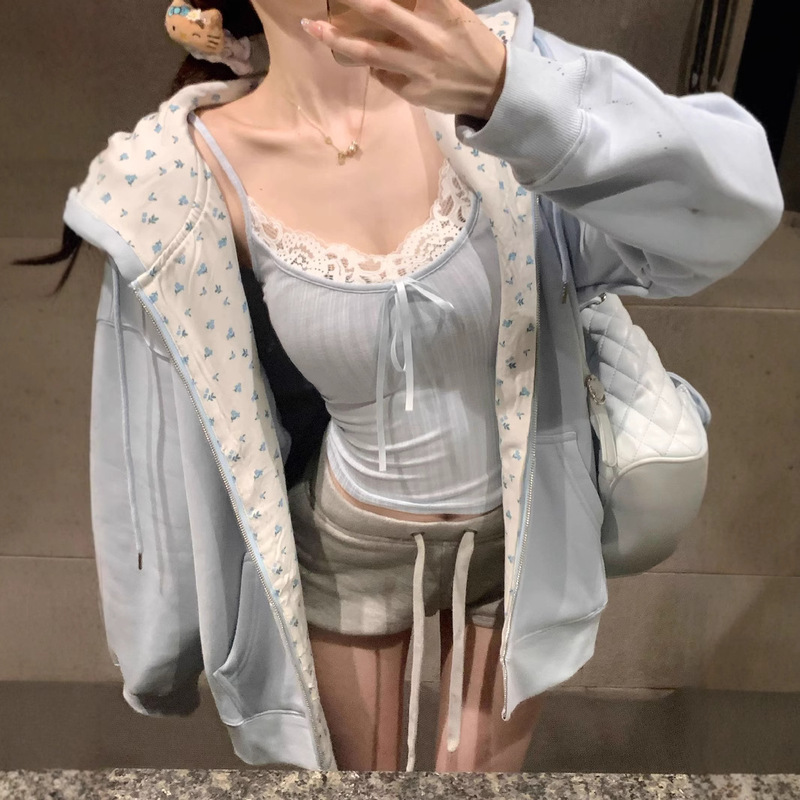 Small Floral Hooded Sweatshirt Jacket for Women Spring & Fall Thin Loose Lazy Style American Sweet Girl Zipper Cardigan Sweet and Cool Small Floral Hooded Sweatshirt Jacket for Women Spring & Fall Thin Loose Lazy Style American Sweet Girl Zipper Cardigan Sweet and Cool