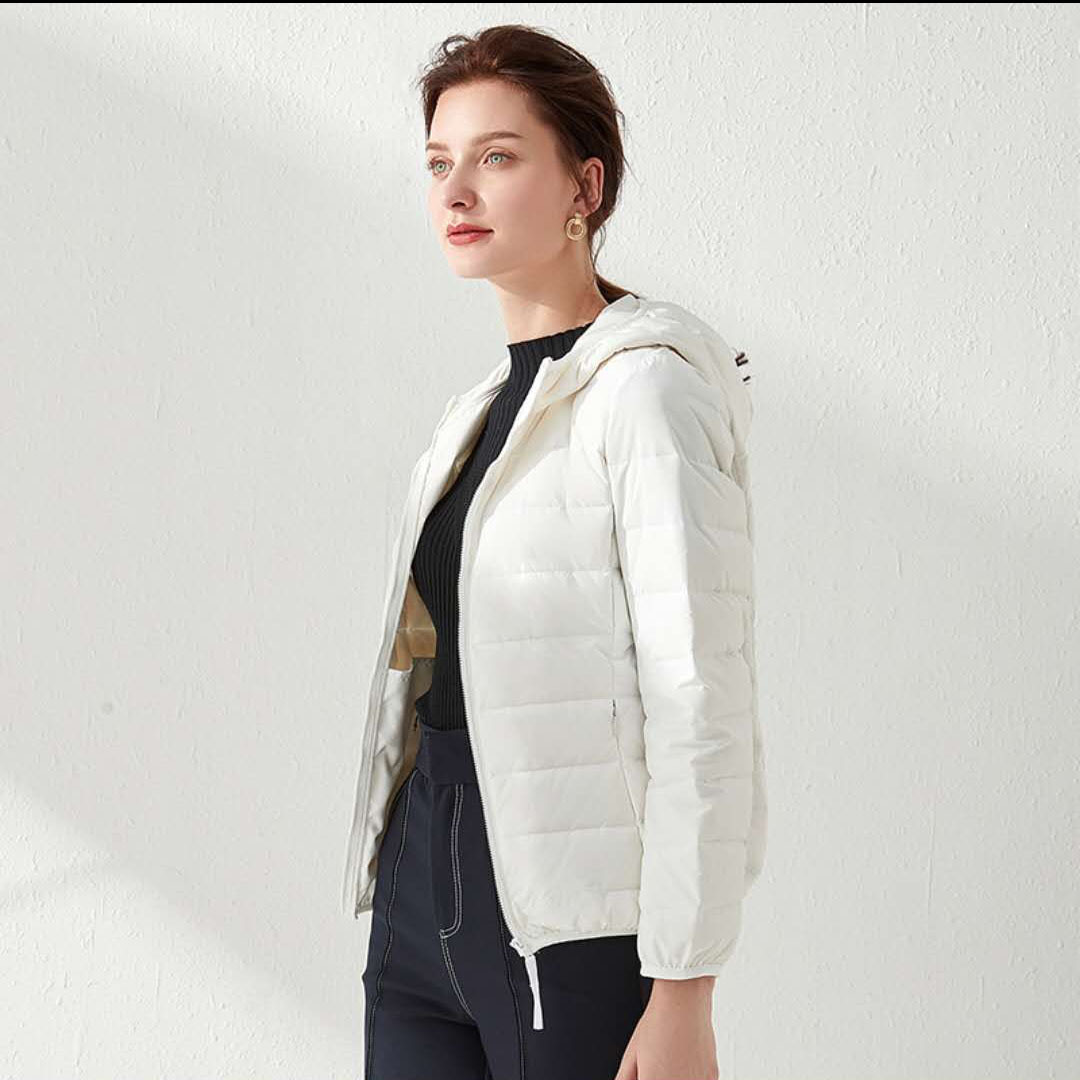 Nueva chaqueta de plumón ligera para mujeres corta con capuz de cuello delgada sin costuras de punto de mujer chaqueta ligera de tamaño grande image 7