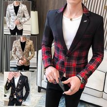春秋男装印花休闲西服男士格子小西装男韩版潮修身型礼服西服外套