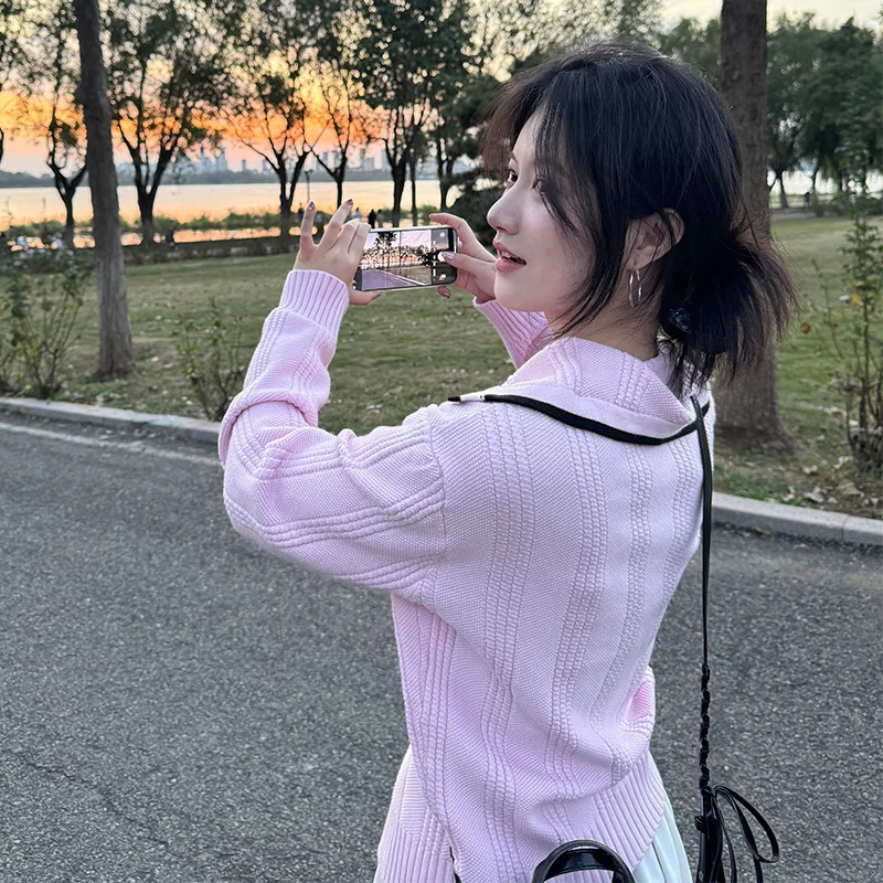 Japanese-style sweet and chic navy-collar sweater cardigan, knitted top for women, autumn/winter, pink, elegant and gentle style outerwear
