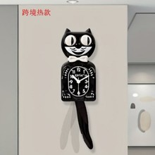 跨境网红可爱猫咪挂钟经典猫好运来墙钟尾巴可摇摆艺术静音石英钟
