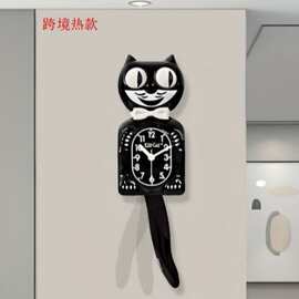 跨境网红可爱猫咪挂钟经典猫好运来墙钟尾巴可摇摆艺术静音石英钟