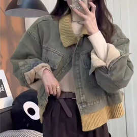 美式复古慵懒风撞色翻领牛仔外套女2026春秋新款小众休闲风上衣潮