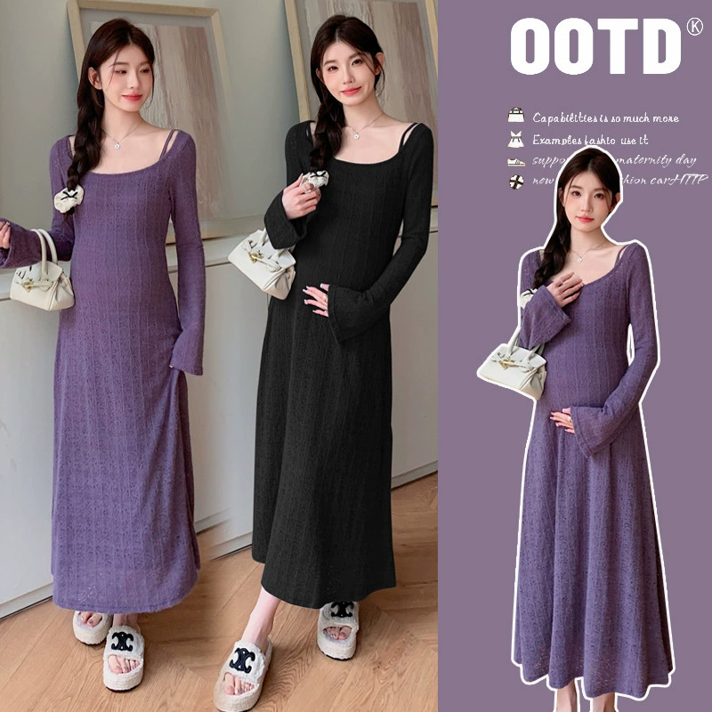 2024 Осень и зима беременные старшие французские квадратные воротники тонкие длинные платья из двух частей