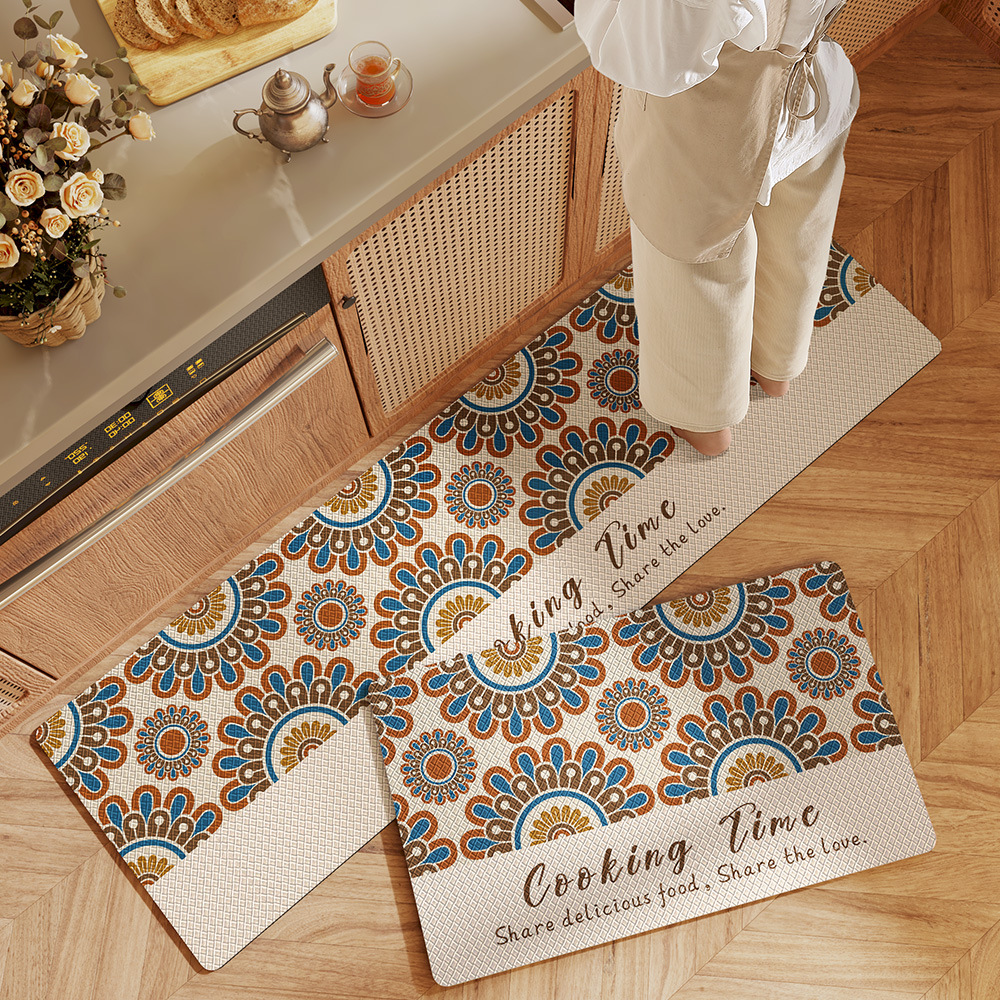 Vintage light luxury long PVC kitchen mat PU leather mat waterproof oil-proof anti-slip floor mat washable and durable doormat