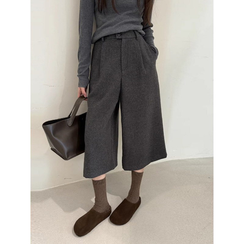 Woolen Cropped Wide-Leg Pants for Women, Autumn and Winter Petite Loose Straight Pants, High-Waisted Cropped Casual Suit Pants