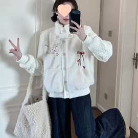 韩系甜美软糯小狗刺绣立领针织拼接外套女减龄百搭保暖上衣图片色
