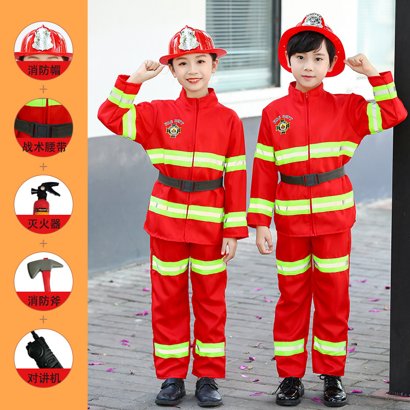 Disfraz de bombero para niños para el 1 de junio, traje de bombero para experiencia profesional, juego de rol en el jardín de infantes, disfraz de bombero para niños pequeños, medianos y mayores