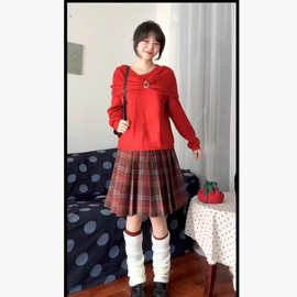 甜美古着女叠穿蓝色格子千禧风y2k慵懒感花边百搭宽松裤裙潮