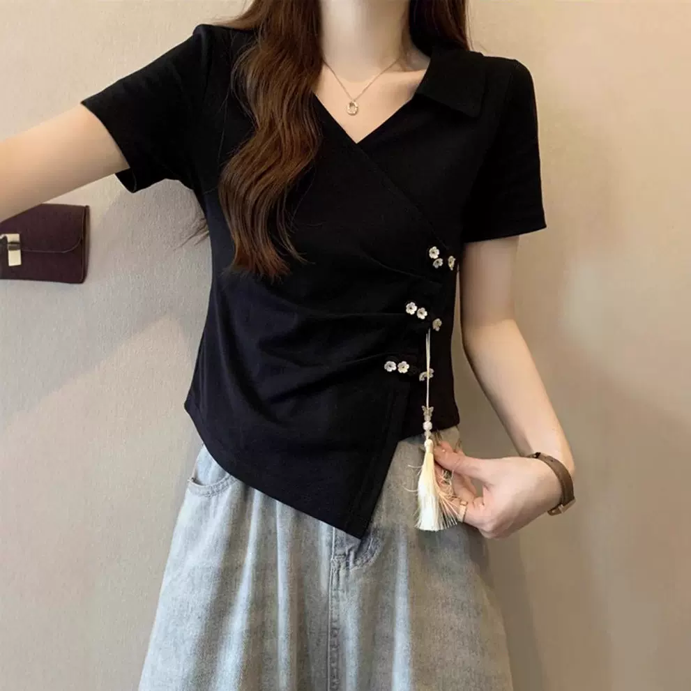 跨境热卖上衣女夏高级感不规则设计v领正肩短袖t恤女夏季显瘦服装