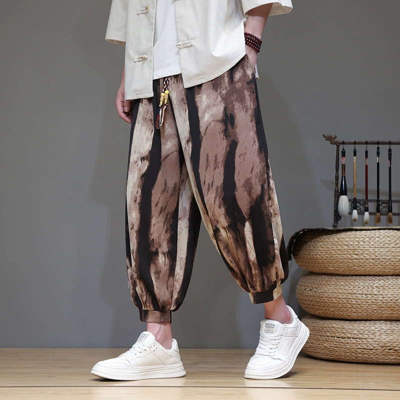 2025 Брюки в китайском стиле для мужчин, летние тонкие свободные брюки из ледяного шелка, мужские повседневные брюки для полных мужчин, дропшиппинг