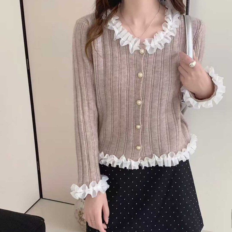 法式小香风圆领木耳边拼接气质修身针织衫开衫女装25秋冬毛衣外套|undefined