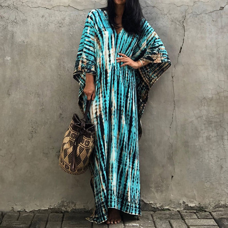 Summer New European and American Amazon Beach Vacation Sun Protection Clothing Rayon Smudged Flower Vacation Robe Dress Blouse