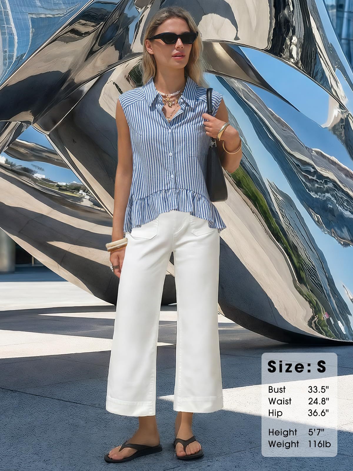 Women's Sleeveless Striped Shirt Casual Button-Up Top Summer Style American Clothing Polyester Blouse_ecoleips.com