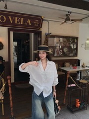 韩系白色polo领长袖衬衫女夏季2025新款宽松衬衣独特chic百搭上衣