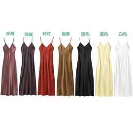 跨境吊带连衣裙女丝缎欧美风跨境式内衣女装跨境夏橄榄绿红色