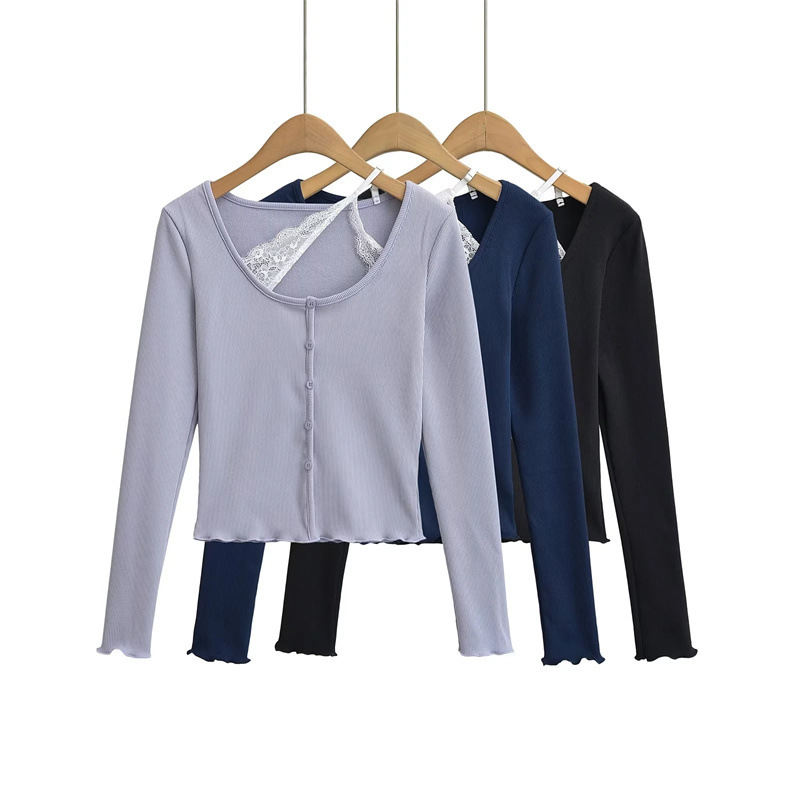 Pure Spice Girl Eyelash Lace Stitching Inner Long Sleeve Cardigan Autumn and Winter New Design Sense Slim Fit Base Top Women