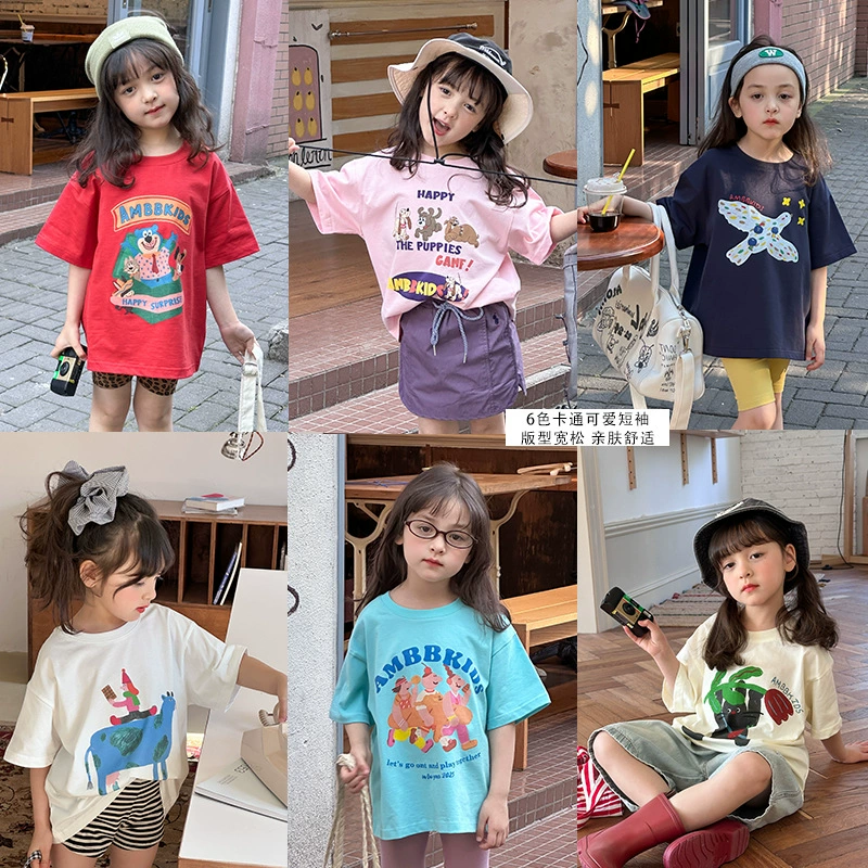 Aimo Bebe летняя детская одежда для детей корейская мультипликационная футболка повседневная свободная блузка с короткими рукавами с принтом в полукрукаве