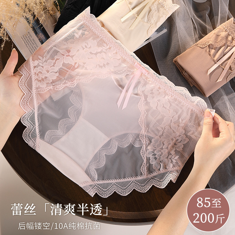 plus size French Style Pure Lace Underwear Women's 100.00kg Hollow Mesh Sexy Transparent Cotton 10A Antibacterial Briefs