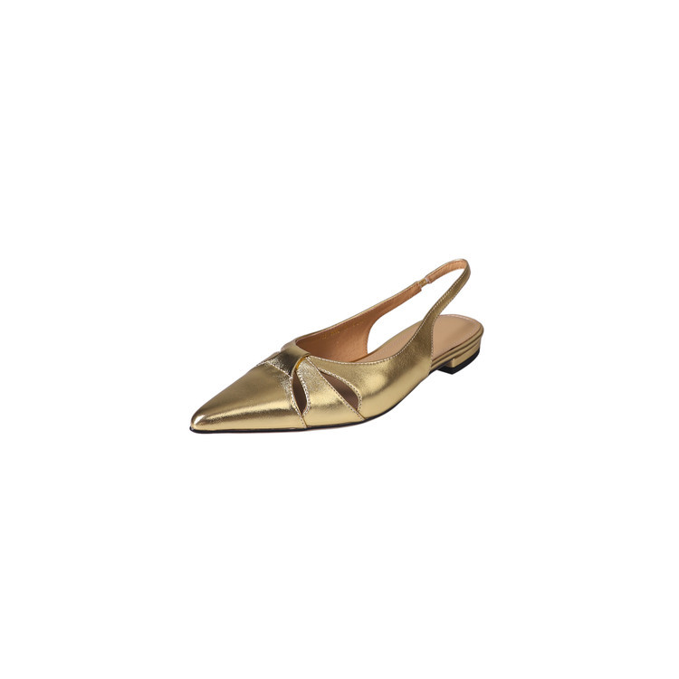 Sandal nữ mũi nhọn quai sau bọc da thật đế thấp phong cách Hàn Quốc — Màu vàng, Màu trắng be, Màu bạc
