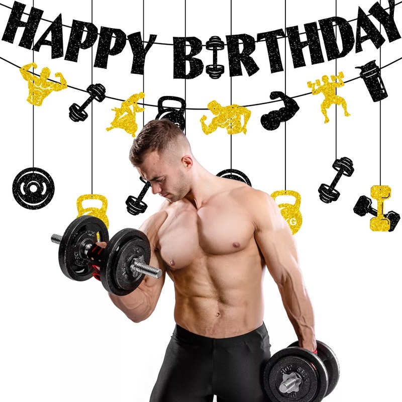跨境健身主题生日装饰横幅 黑金健身房吊饰生日派对装饰拉旗拉花|undefined
