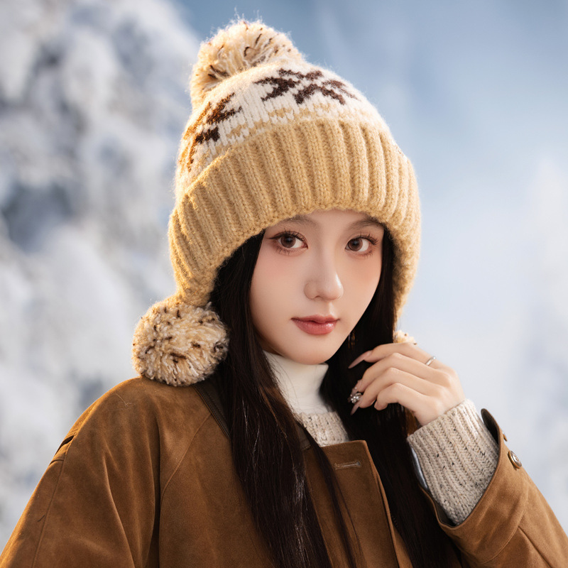 甜美可爱雪花圣诞毛线帽冬天加绒加厚防寒保暖帽户外出行护耳帽新|undefined