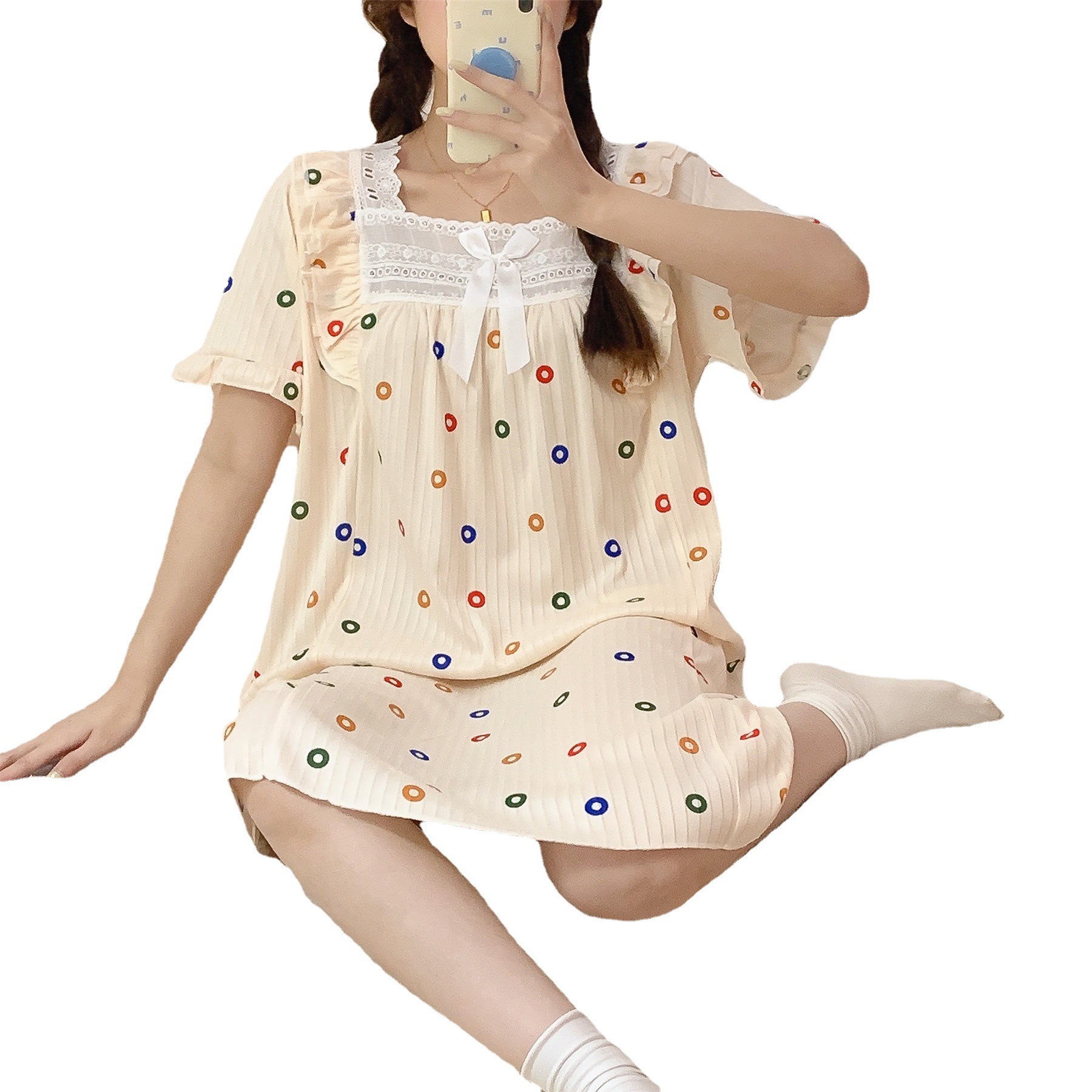 Comercio exterior 2023 camisón de encaje de verano de las mujeres de manga corta de una sola pieza vestido pijamas lindo estudiante Delgado homewear al por mayor