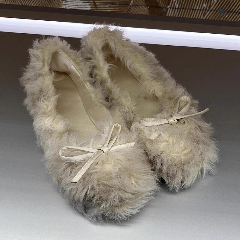 Autumn and Winter Paris Fur Slip-On Ballet Shoes, Single Shoes, Hot Girl Bow-Knot Fur Shoes for Women (Tax Not Included)