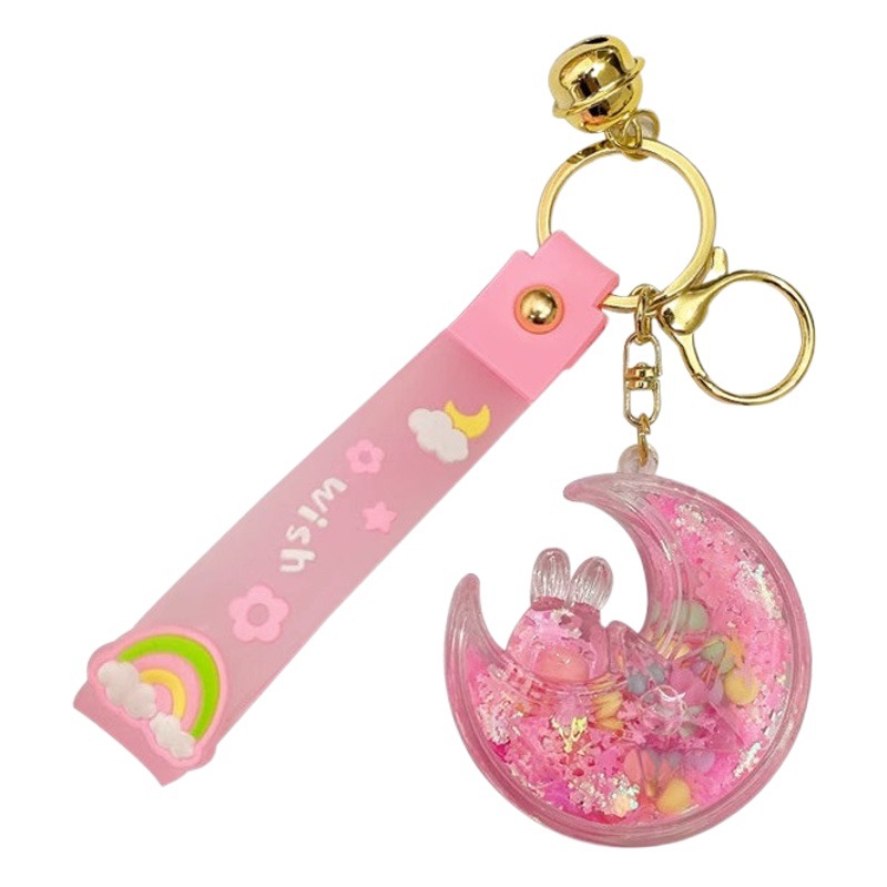 Red de aceite creativo rojo luminoso copo de nieve estrella Luna conejo Quicksand botella llavero femenino lindo Quicksand botella colgante bolsa adornos