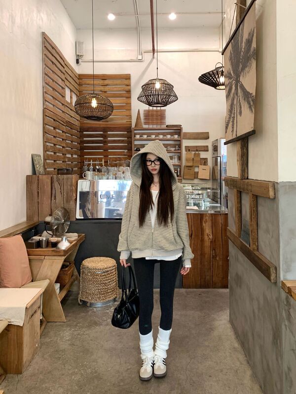 【自家工厂现货】条纹拉链连帽卫衣外套女美式复古宽松慵懒上衣|undefined