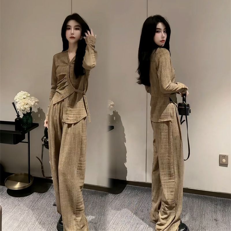 时尚洋气套装女2025春季新款不规则设计上衣宽松显瘦阔腿裤两件套|undefined